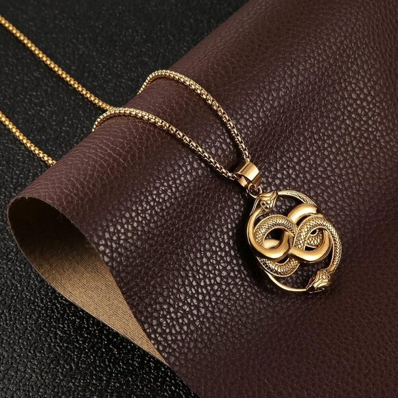 Mens End to End Gold Snake Gothic Stainless Steel Snake Pendant Jewelry Chain - Picture 3 of 6